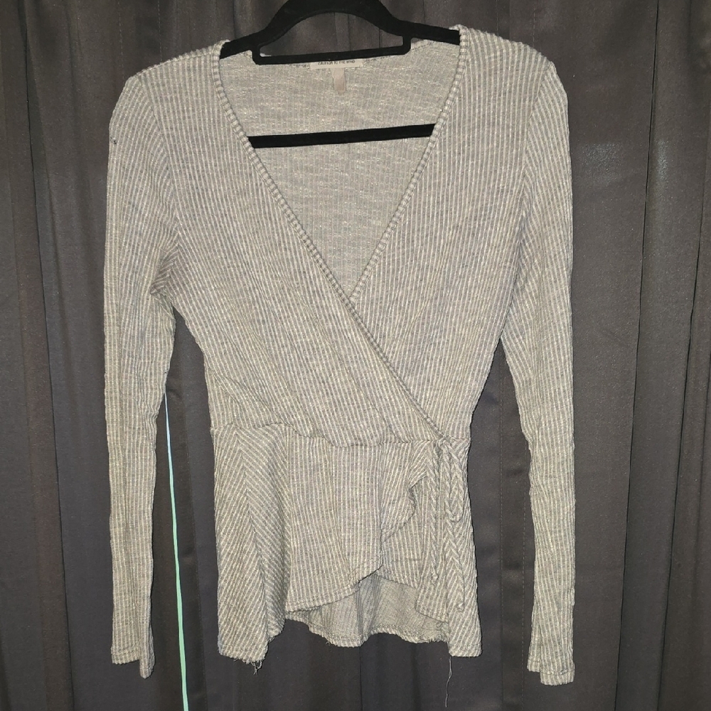 Caution To The Wind Light Gray Ribbed Wrap Blouse